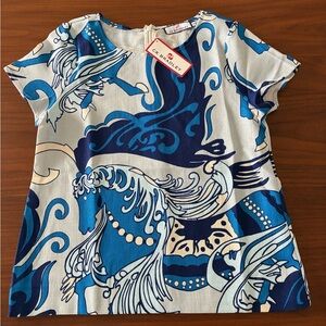 CK Bradley NWT shortsleeved top in blues, with horse
